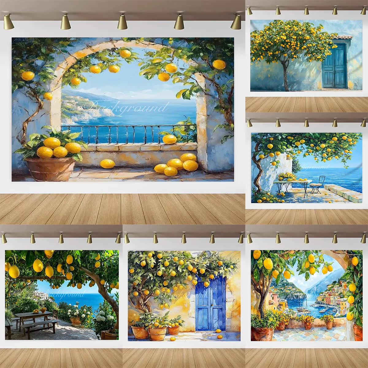 

Mediterranean landscape Lemon Tree Harvest Backdrop Ltalian Town Garden Lemon Tree Festival Anniversary Room Decor Photo Banner