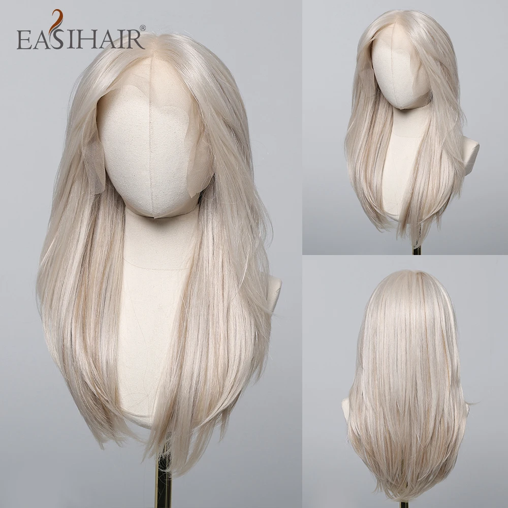 

EASIHAIR 13*6 Lace Front Synthetic Wigs Platinum Long Straight Layered Wig for Women Free Part Daily Party High Density Lace Wig