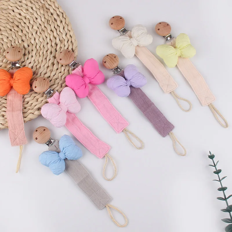 ABCPICK Cartoon Bow Infant Pacifiers Chain Baby Beech Wooden Pacifier Clips Kids Anti Drop Nipple Bracket Holder Accessories