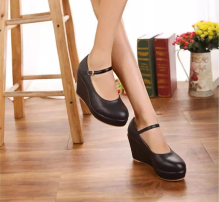 Mary Janes High High Wedges Pu Round Toe Casual Buckle Strap Summer Fashion Shoes Women