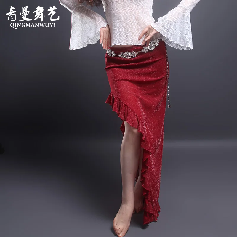 Qingman Practice Costume Eastern Dance Belly Dance Skirt Mesh Wrap around Fish Tail Asymmetrical Uneven Skirt for Women