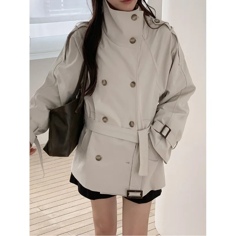 2026 New Chic Korean Style Short Length Stand Collar Double Breasted Belted Windbreaker Women's Fashion Casual Retro Coat