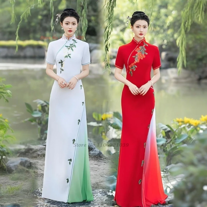 

Вьетнамское традиционное платье aodai 2025 года, национальный Cheongsam с цветочной вышивкой, улучшенное трапециевидное платье Ципао, банкетное вечернее платье aodai