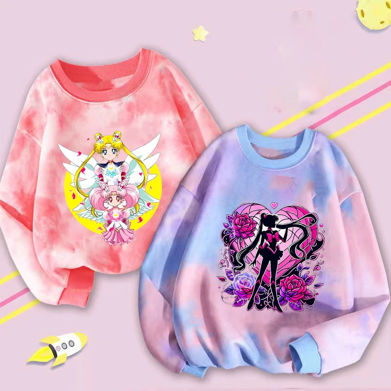 Sailor Moons for Girls Sweatshirt Clothes Anime Cartoon Kawaii Tie-dye Pullover Long Sleeve Birthday Party Holiday Child's Gifts