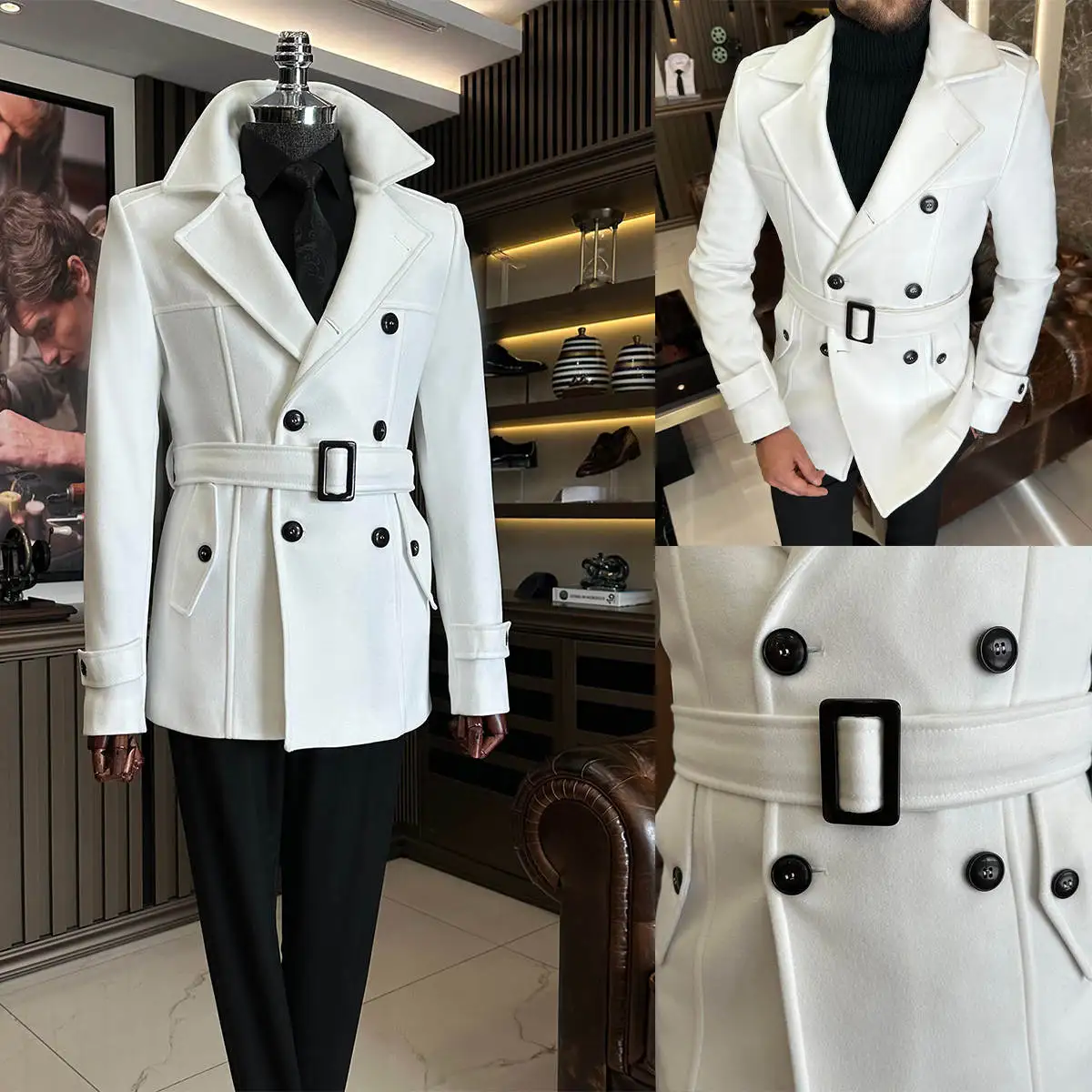 Mens Double Breasted Trench Coat Casual Lapel Collar Business Winter Long