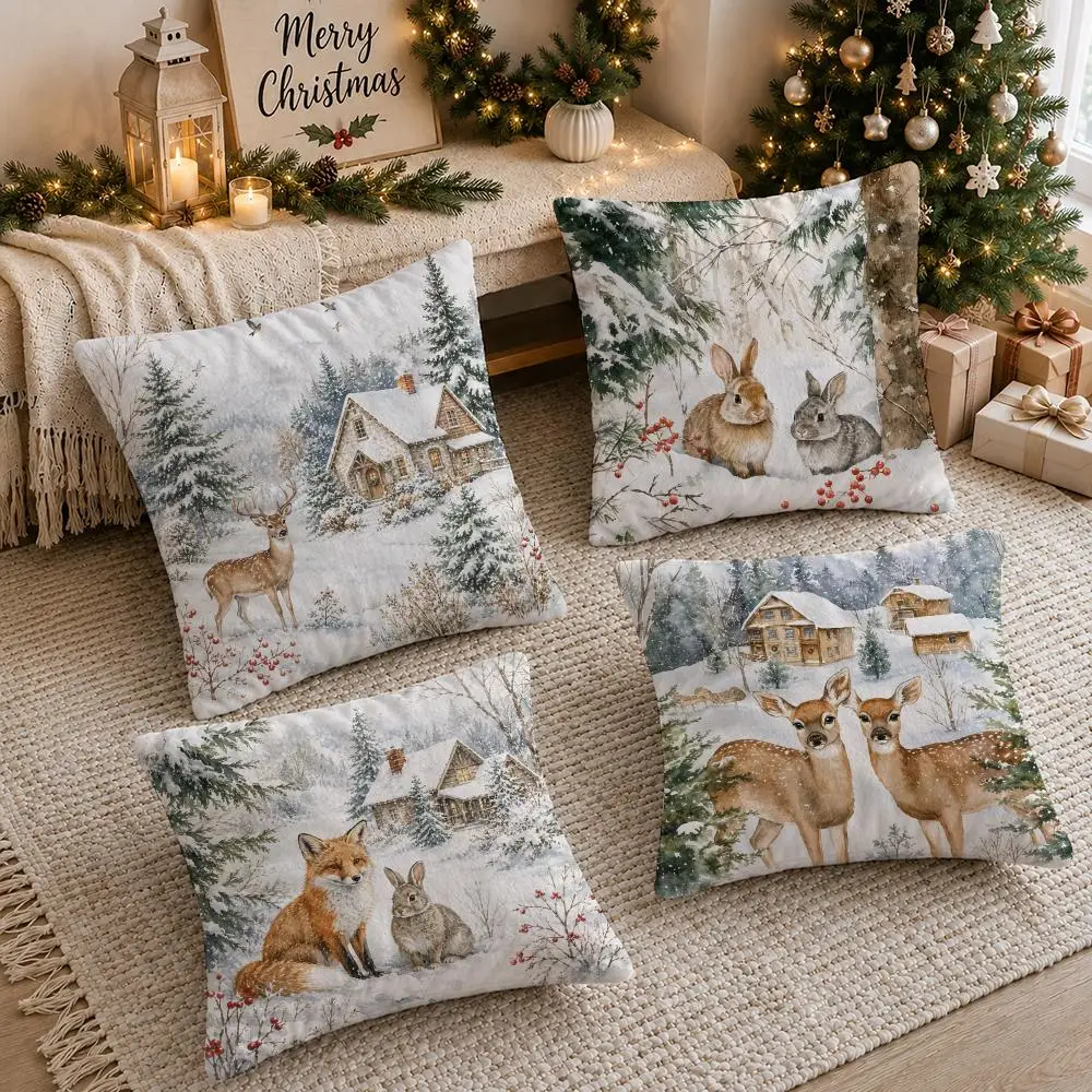 Christmas Snowy Rabbits Cushion Cover Short Plush Soft Double-Sided Printing Pillow Case Festival Party Home Decor Gift