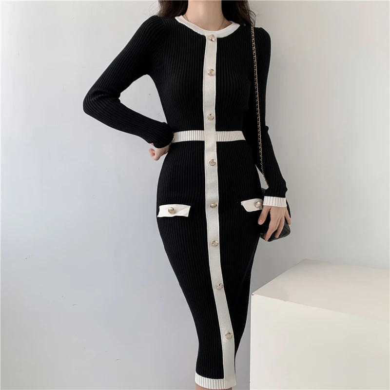 New 2024 Autumn Winter Sweater Dress Women Long Sleeve Slim Knitted Dresses Black Color Midi Dress Patchwork Color Elegant Dress