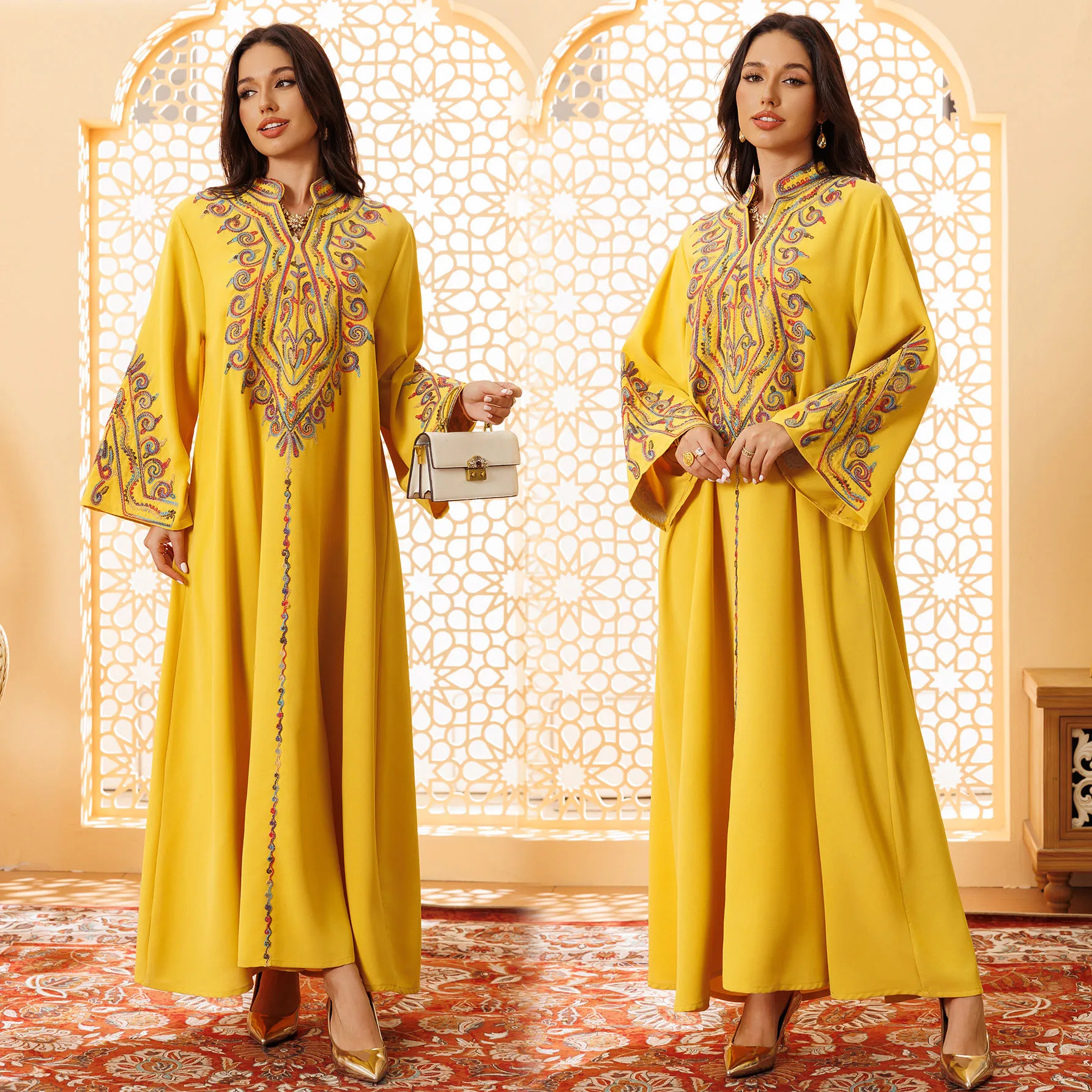 

Ramadan Jalabiya for Women, Party Arabic Dress, Multicolor Threads Embroidery, Stand Collar, Islamic Clothing, Wedding, Kaftan