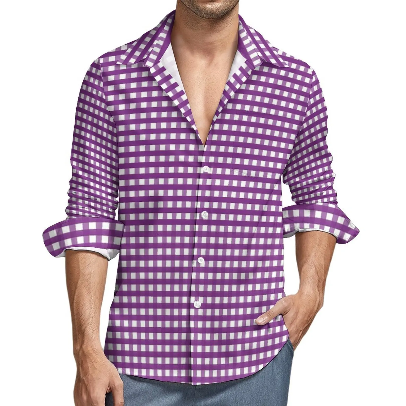 Purple Gingham Casual Shirts Checked Print Trendy Shirt Autumn Y2K Street Oversize Blouse Male Long Sleeve Clothes Gift Idea