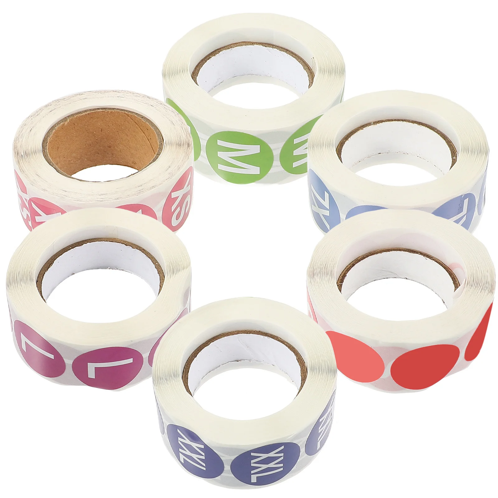 

6 Rolls Clothing Size Stickers Self-Adhesive Round Labels For T-Shirts Garments Packaging Easy Peel Stick Labeling File Folder