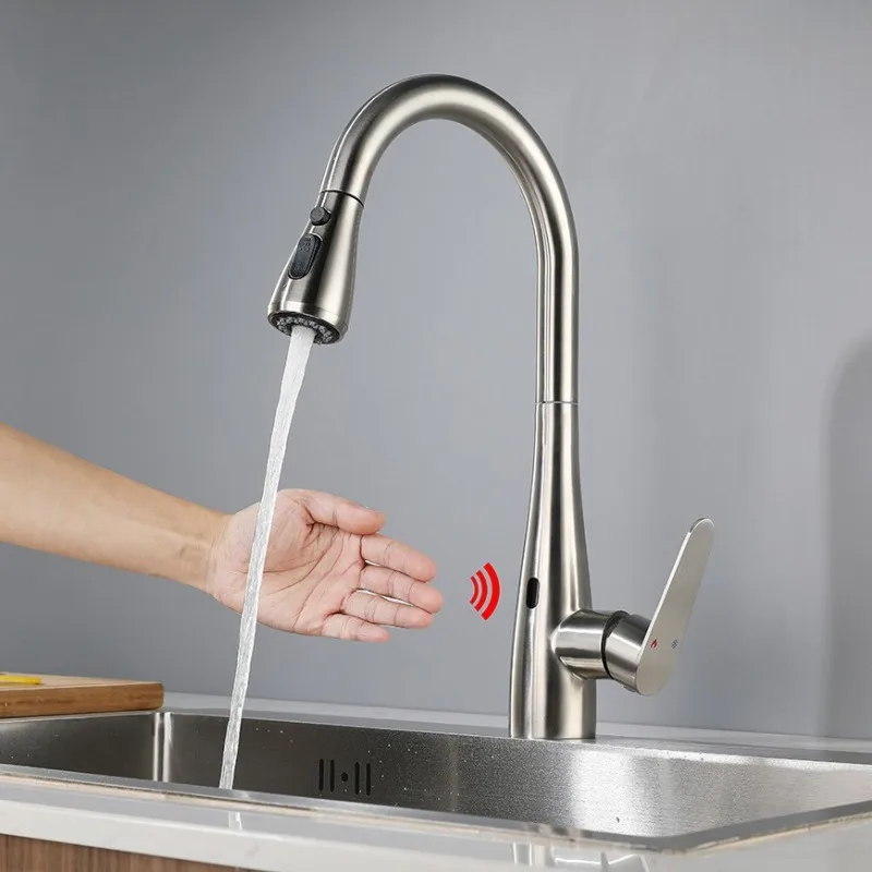 Household rotating infrared kitchen faucet pull-out vegetable basin dishwasher retractable hot and cold anti-splashing water