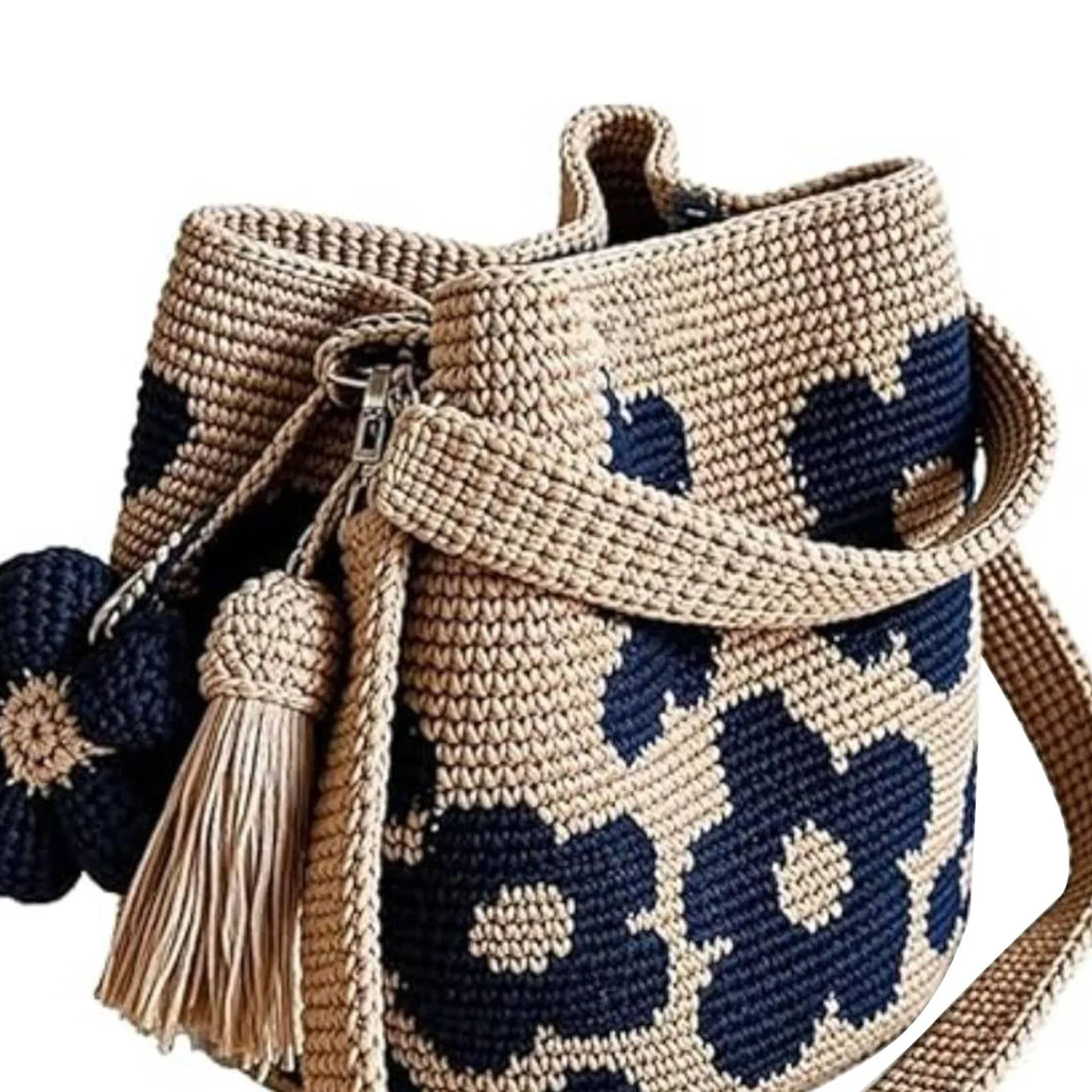 Embroidery Aesthetic Boho Bag Lightweight Needlepoint Barrel Drawstring Purse with Flower Tassel Hand-Crochet Woven Summer Beach Bag for Women Vacation (Blue) view 5
