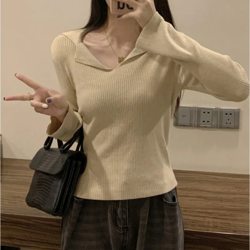 

Женская осенне-зимняя новинка в корейском стиле: облегающий вязаный свитер с отложным воротником, приталенный, с длинным рукавом, утягивающий фигуру