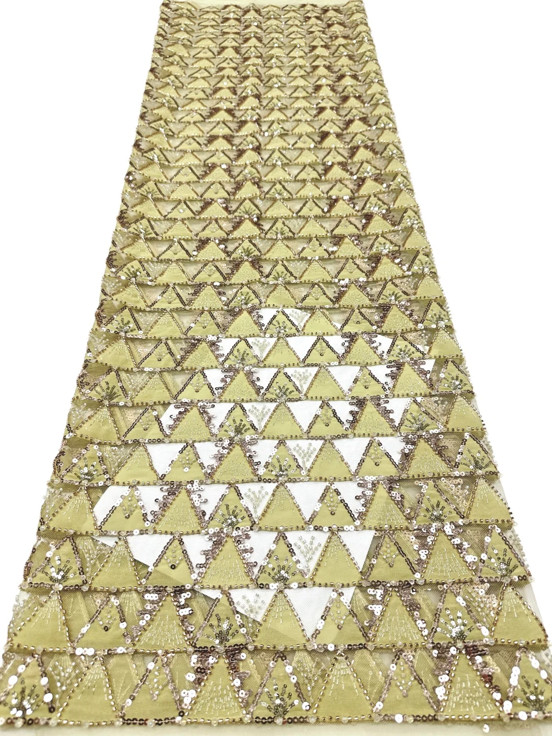 2026 Champagne Gold Geometric Triangle Beaded Lace Fabric, Luxury Tube Bead & Sequin Embroidery on Sheer Tulle for Wedding Gown