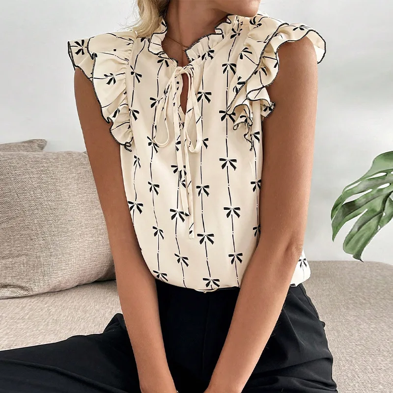 

2026 Summer Ruffle Short Sleeve Shirt With Drawstring Lace Collar Pullover For Women