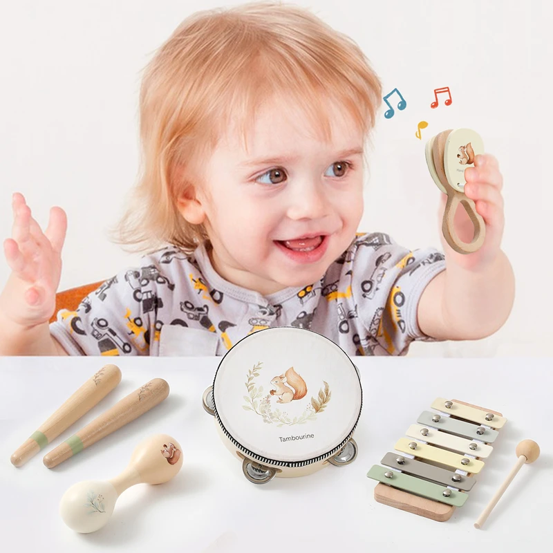 1Set Baby Wooden Musical Toy Multifunctional Newborn Music Enlightenment Toys Montessori Cute Squirrel Pattern Instrument Gift