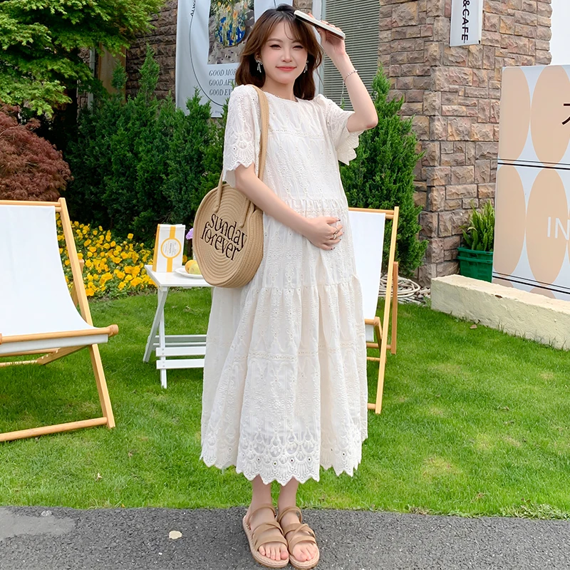 

2024 Pregnant Woman Lace Dress Summer Short Sleeve O-Neck Hollow Out Maternity Cotton Dress Sweet Long Loose Princess Clothes