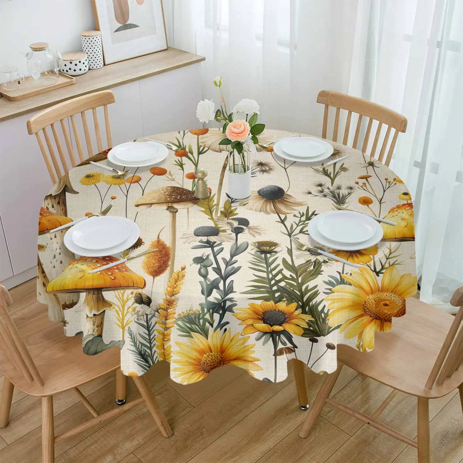 Mushroom Sunflower Flower Plant Vintage Table Cloth Festival Dining Tablecloth Waterproof Table Cover for Wedding Party Decor