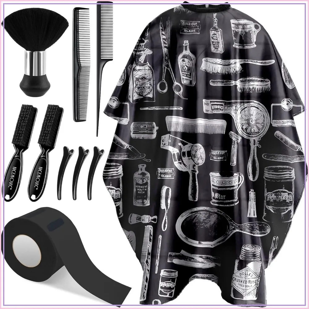 

10 in 1 Hair Cutting Barber Cape Set with Neck Duster, Brush, Neck Strips, Hair Combs & Clips - Professional Salon Accessories