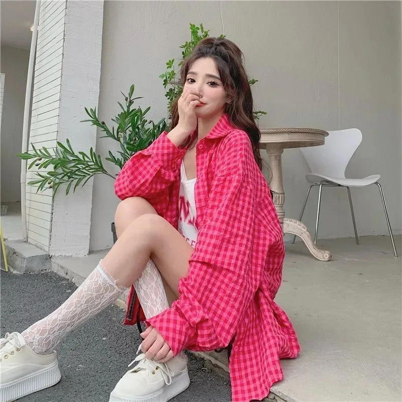 

Women's Gingham Plaid Shirt Loose Fit Long Sleeve Button Down Blouse Casual Sun Protection Cardigan Coat