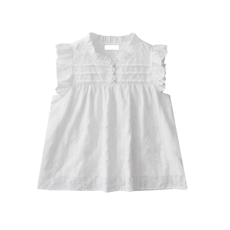 

Chic Women Shirts Japanese Sweet Sleeveless Solid A-line Loose Blouses Vintage Jacquard Pattern Ruffled Shirt Trendy Female Tops