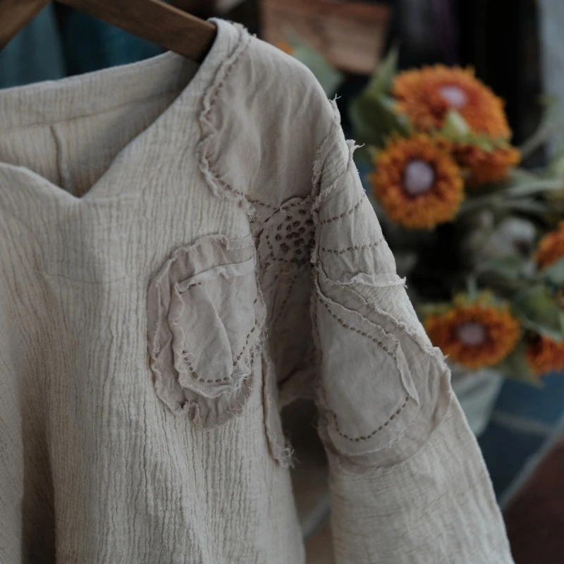 Oversized Women Long Sleeve Cotton Linen T-shirt New 2025 Spring Vintage Style Appliques Loose Female Casual Tops Tees M377