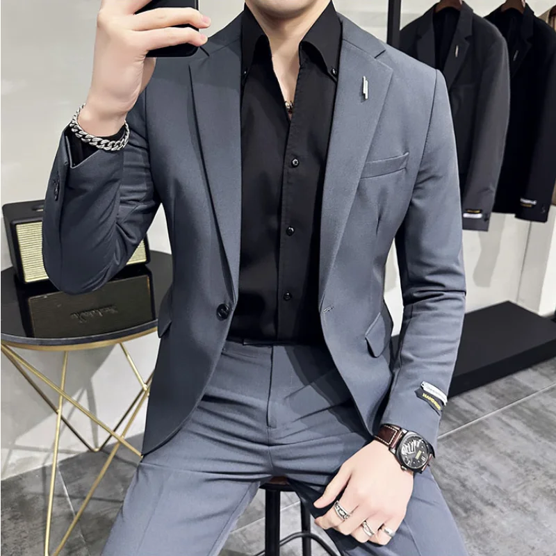 (Jacket+Pant) Handsome Casual Beige 2 Piece Suit For Men Wedding Tuxedos Men Slim Fit Suits Business Party Prom Dress Homme 4XL