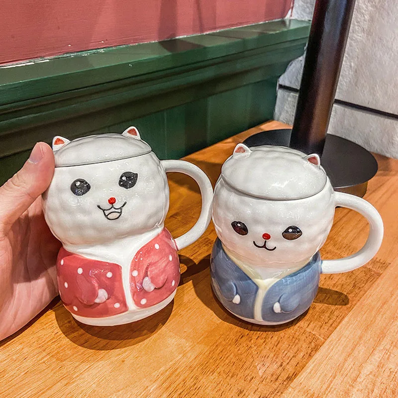 410ML Lovely Cat Ceramic Water Cup With Lid Creative Novelty Coffee Mug Gift For Couple Friend And Family