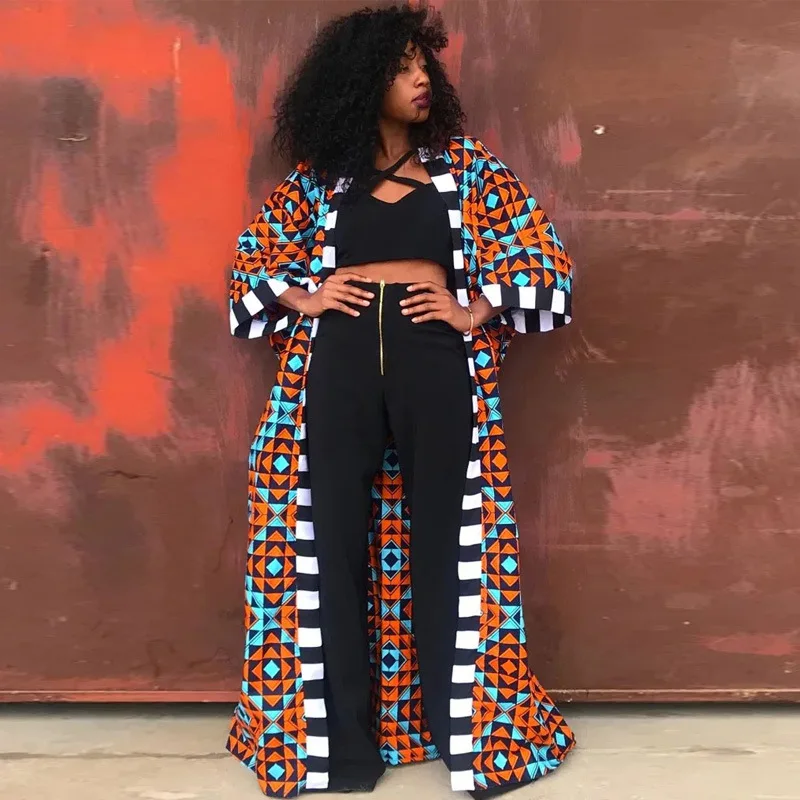 Spring Summer African Printed Outwear Women Causal 3/4 Sleeve Open Trench Coat Women Overcoat Beachwear