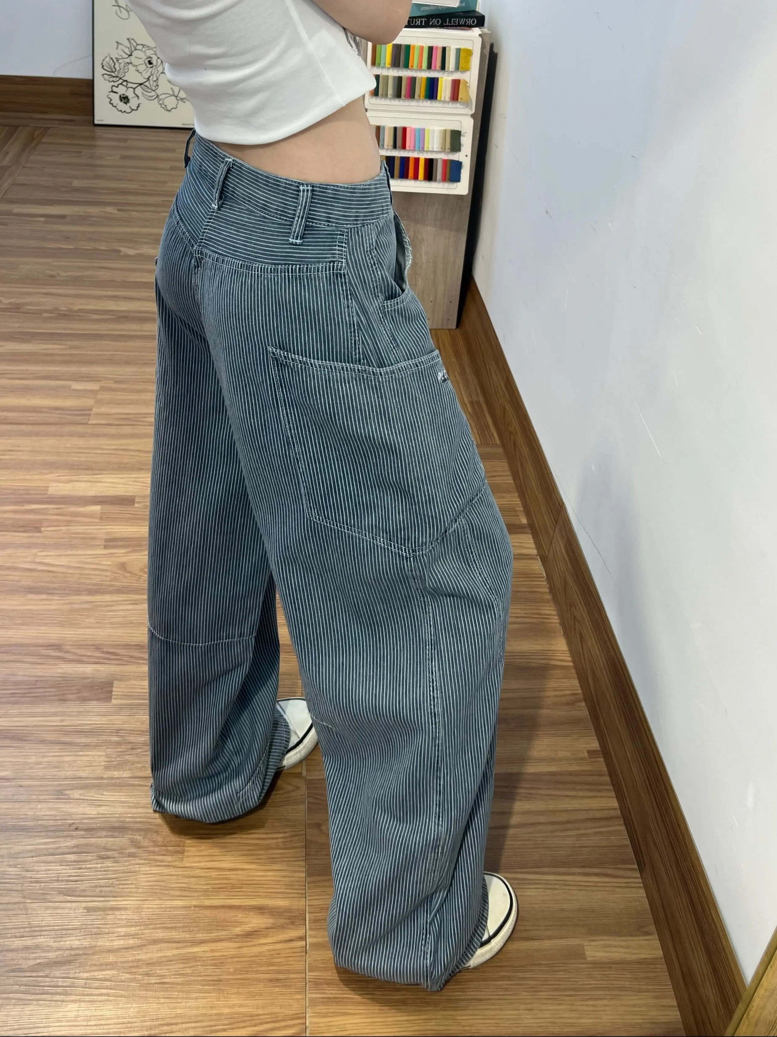 Vintage Striped Denim Cargo Pants 2026 Trend Women Casual Loose Wide Leg Trousers Commuting All-matched Jeans