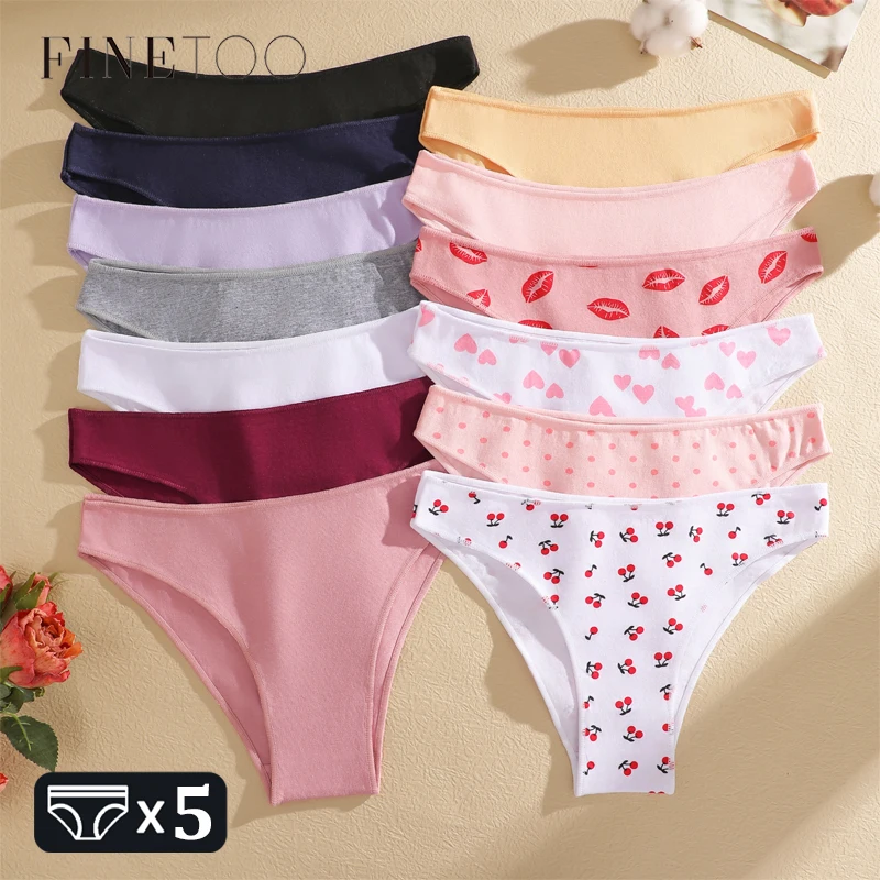 FINETOO 5Pcs Cotton Various Printed Patterns Underwear Women's Sexy Seamless Stretchy Panties Girls Breathable Sports Lingerie