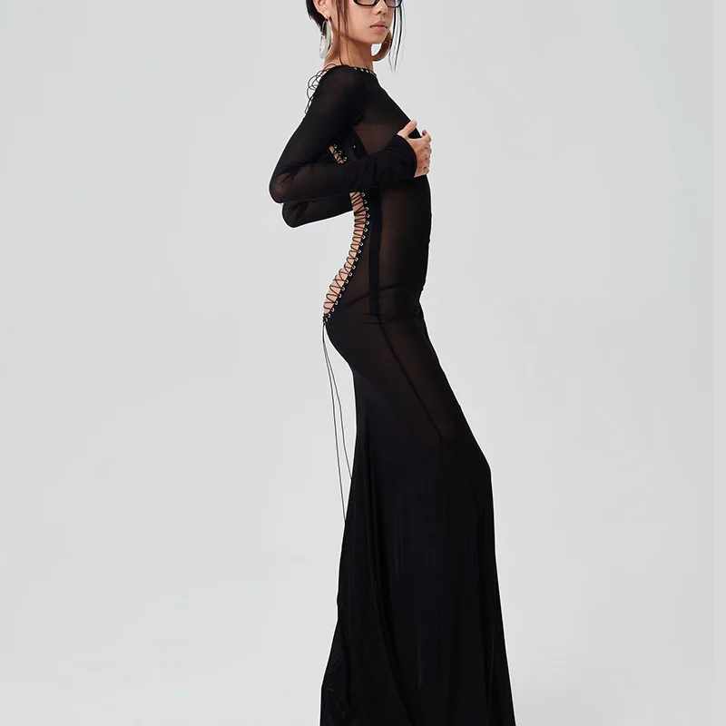 ผู้หญิงฤดูร้อนY2K Vintageดูผ่านตาข่ายSheerแขนยาวBackless Cross Tie-Up Evening Party Cover-Upชุดยาว