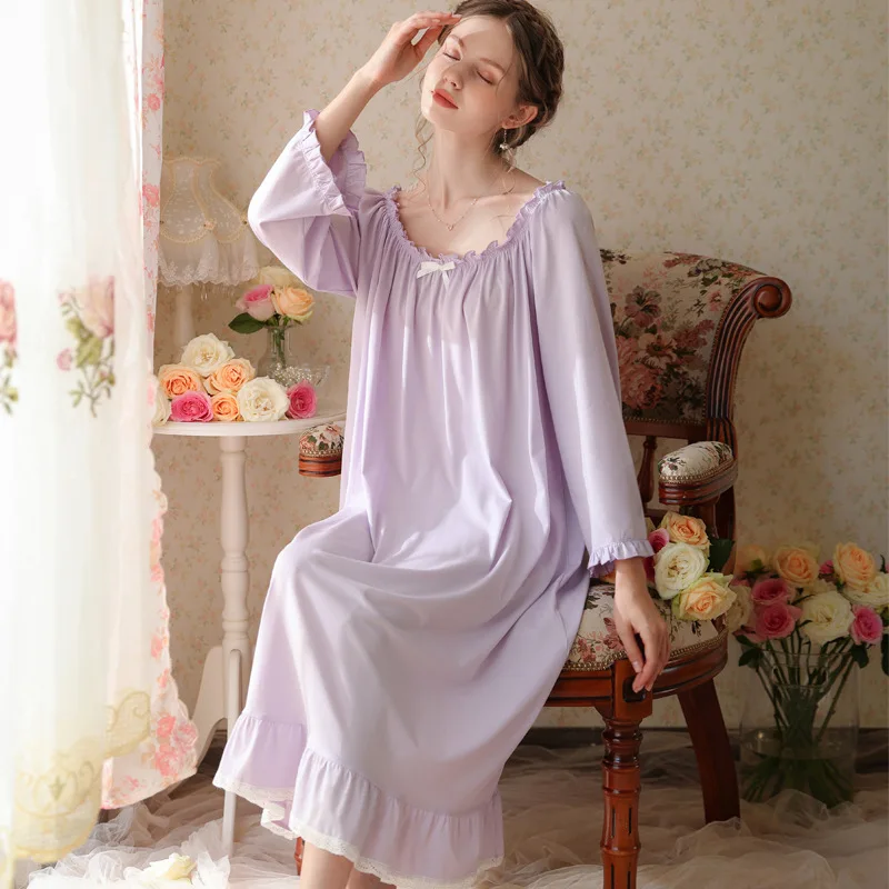 Vintage Cotton Loose Night Dress Women Spring Autumn Kawaii Ruffles Long Sleeve Sleepwear Princess Nightwear Nightgown Home Wear