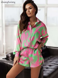 Casual Boho Vacation Print Shorts Sets Woman Long Sleeve Shirt And Shorts Two Pieces Suits Summer Button Shirts 2 Two Piece Set