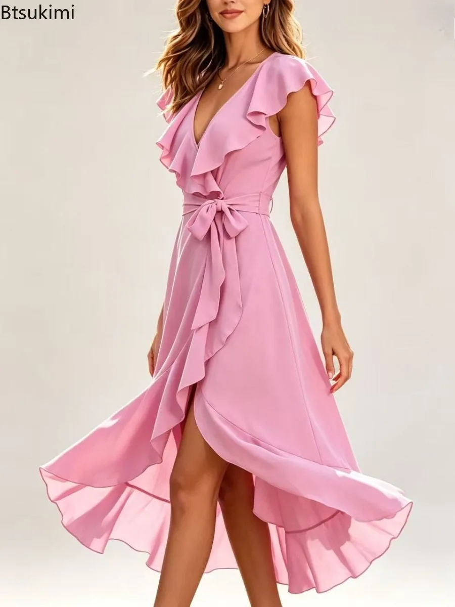 New Women's Summer Boho Dress Sexy Deep V Irregular Long Dresses Lace-up Short Sleeve Double Layer Ruffled Casual Beach Sundress