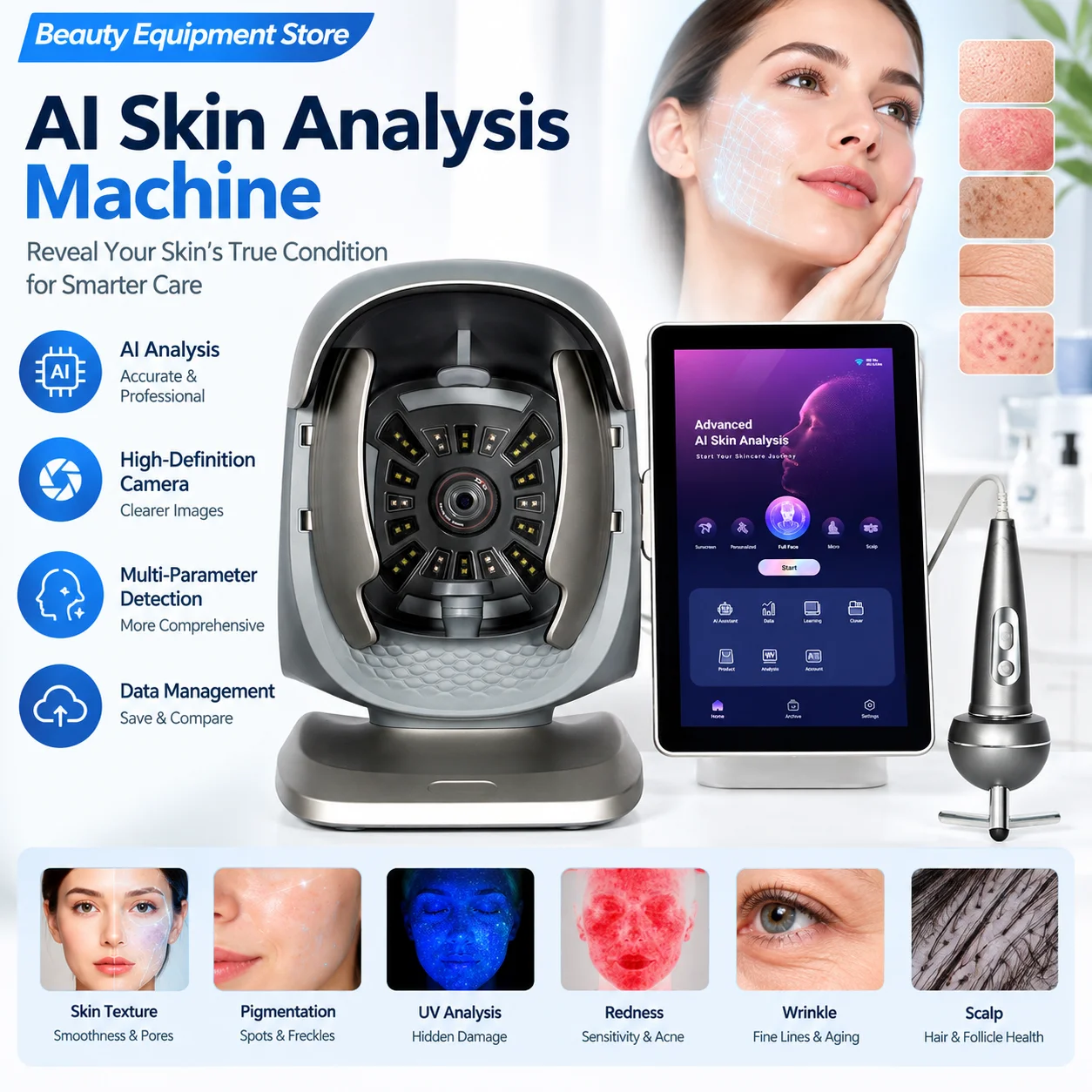 3D Facial Skin Analyzer Machine X3Pro with 8 Light Spectrum Skin Analysis Scanner Comprehensive Facial Skincare & Analysis Tool