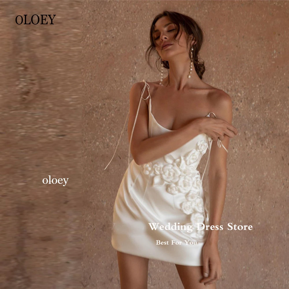 Oloey-短い絹のサテンのウェディングドレス,セクシー,3D花,スパゲッティストラップ,ミニ,ブライダルガウン,カクテルドレス,新しい