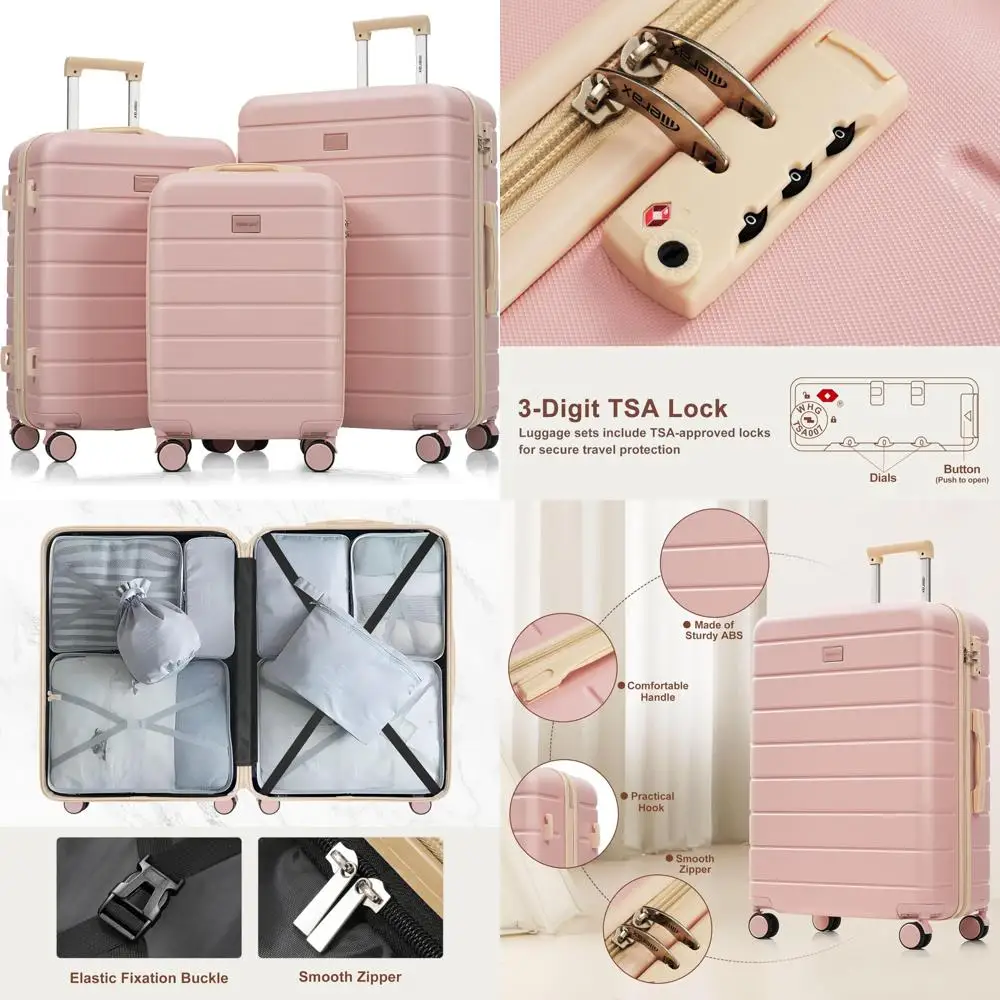 

3-piece abs hardside spinner luggage set with tsa lock, brown and pink, 20/24/28 inch