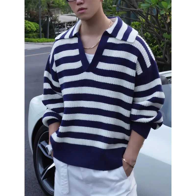 

Мужской вязаный свитер свободного кроя с длинным рукавом, V-образным вырезом и полосатым узором, осенне-зимняя повседневная удобная футболка-лонгслив