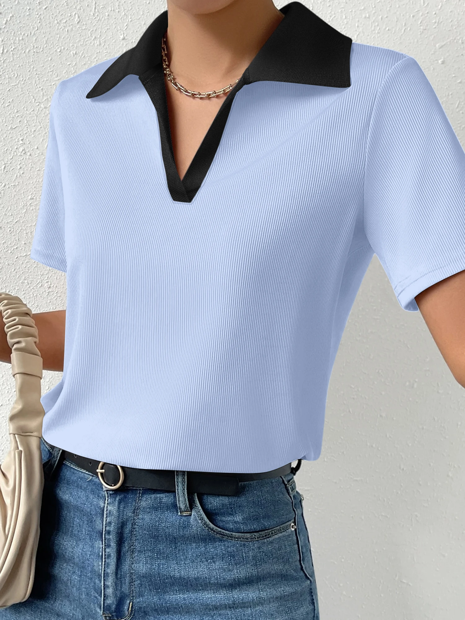 Soft Skin‑Friendly Women Casual Top Ribbed Polo Tee Color Contrast Collar V‑Neck Short Sleeve Slim Stretch Knit Tee Summer