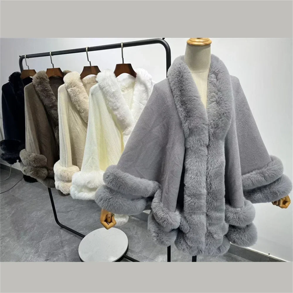 5 Colors 2024 Women 2 Circle Faux Rabbit Fur Cape Poncho Winter Loose Warm Shawl Outerwear Cashmere Cloak Overcoat