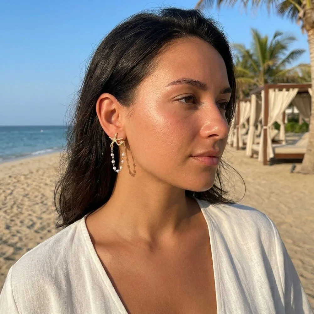 New Bohemian Starfish Dangle Earring Imitation Pearl Gold Stud Earrings Chain Pendant Shell Sea Star Jewelry Women Accessories