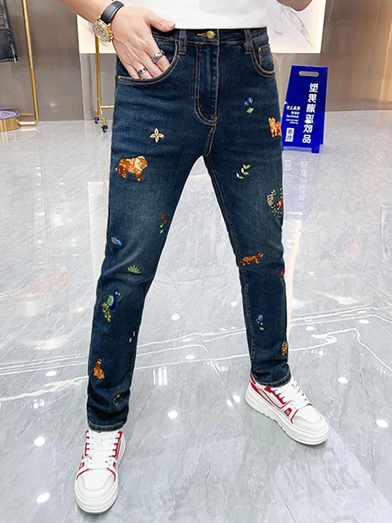 

Heavyweight Embroidered Slim Fit Jeans Men's Trendy Casual Deep Blue Faion Brand Long Pants Autumn Winter Faion Youth