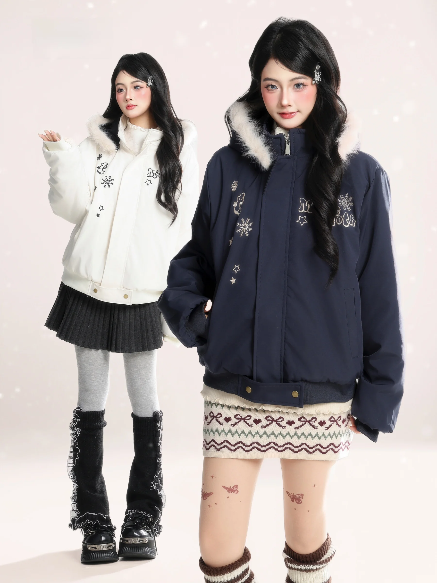 

HM American Retro Snowflake Embroidery Fur Collar Hooded Cotton Jaet Women Winter Thiened Couple Outerwear