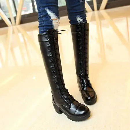 Hot Sale Spring Autumn Lacing Knee High Boots Women Fashion White Square Heel Woman Leather Shoes Winter PU Large Size 43