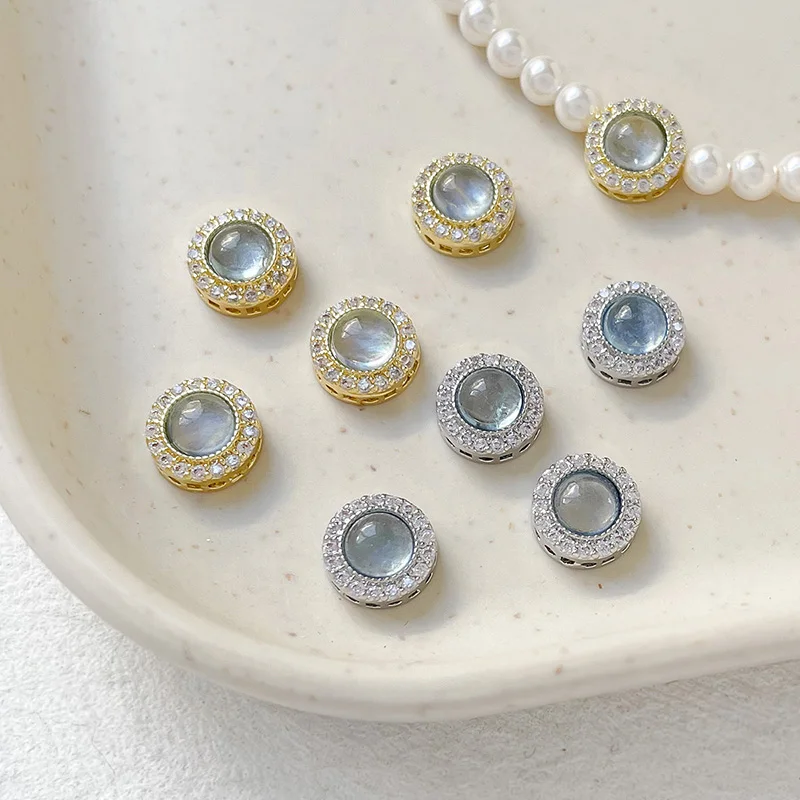 2pcs Copper Plated-gold Inset Zircon Sea Treasure Blue Bead Diy Handmade Jewelry Bracelet Necklace Beaded Accessories Material