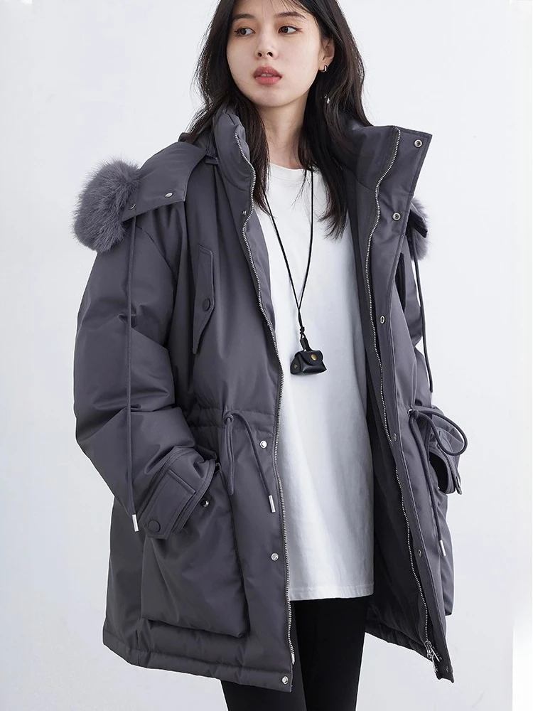 شيك فين الكورية المرأة مقنعين أسفل معطف الصلبة فضفاض عادية 90 الأبيض بطة أسفل الإناث منتصف طول سترة الخريف الشتاء 2025 #3