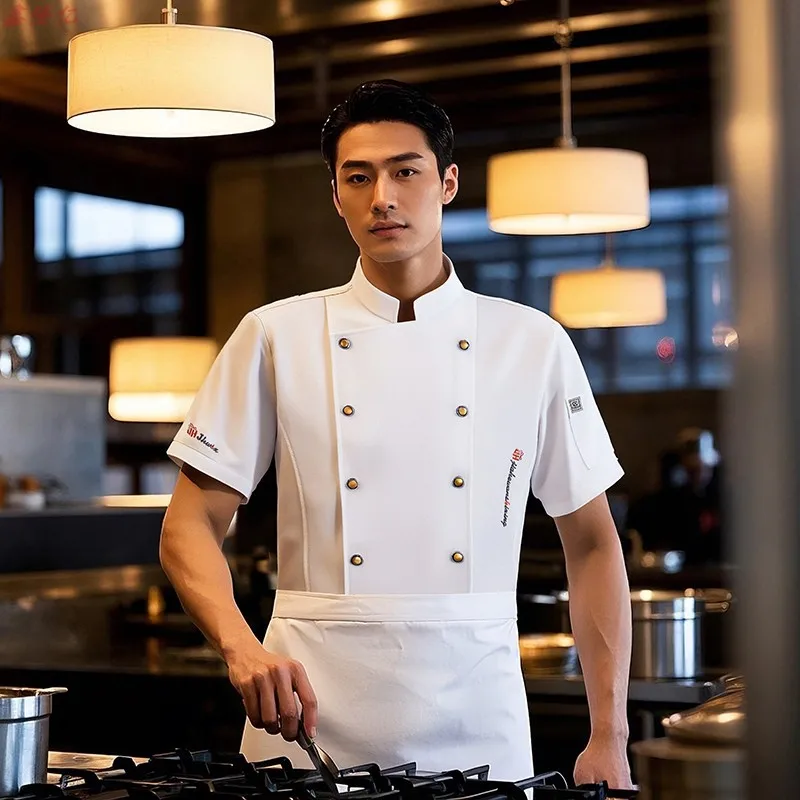 Uniforme de chef hotel restaurante cozinha workwear baker steakhouse uniforme de manga curta verão fino trespassado
