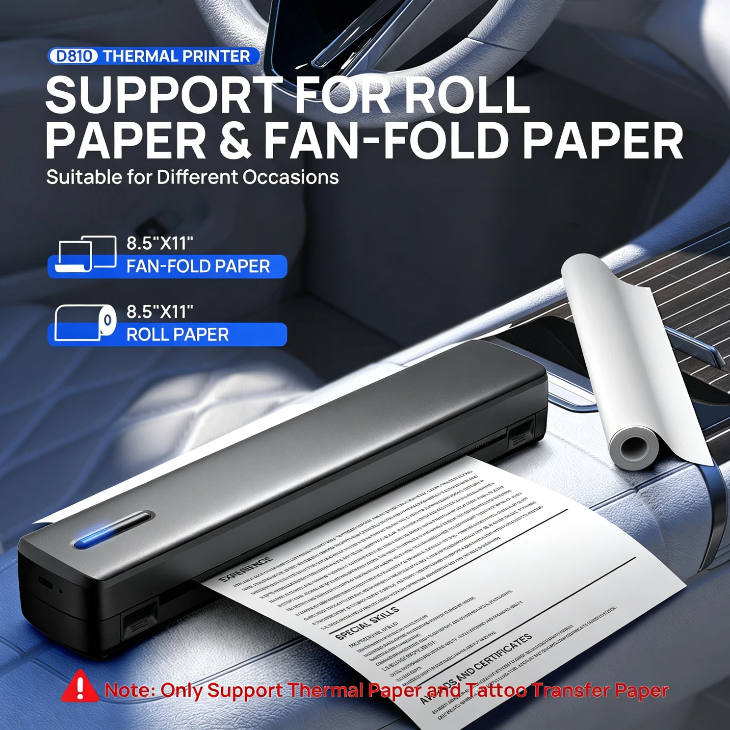 Impresora térmica portátil sin tinta, modelo D810B. Impresora térmica portátil compatible con papel de tamaño A4, ideal para usar con dispositivos iOS y ordenadores portátiles, perfecta para viajes