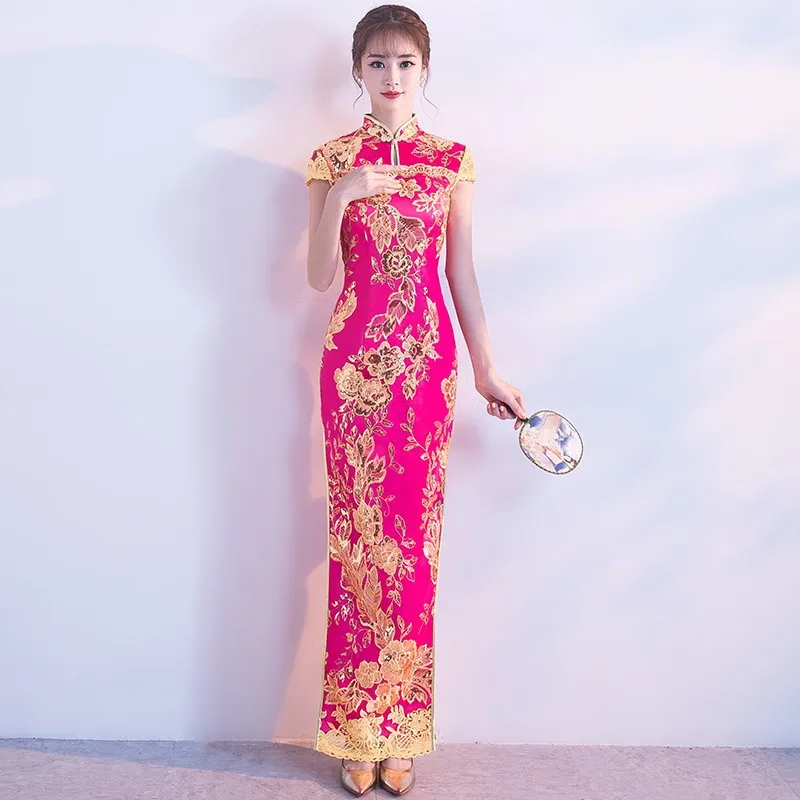 2024 New Qipao Embroider Sequins Banquet Dressing Gown Women Elegant Cheongsam Vintage Mandarin Collar Chinese Style Dresses